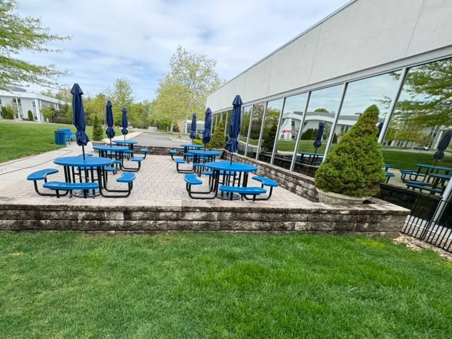 Before: Raised patio with blue picnic tables before power washing, its block retaining wall dark and stained above the lawn
