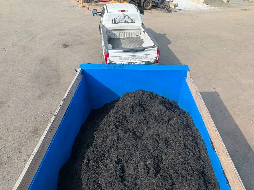 Blue dump trailer heaped with black mulch hitched behind a white Silver Mountain Landscaping pickup